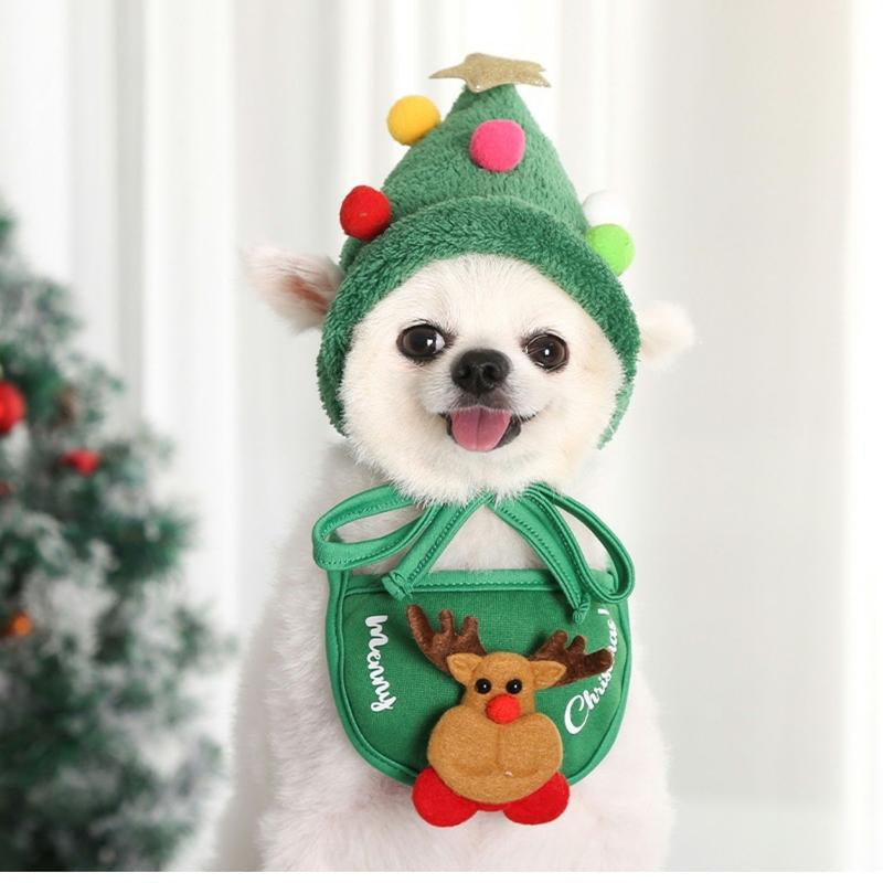 Pet Christmas Hat and Scarf Santa Scarf for Cat Dog Cosplay Dress up Holiday Costume Set New Year Festive Party Costume Accessories Puppy