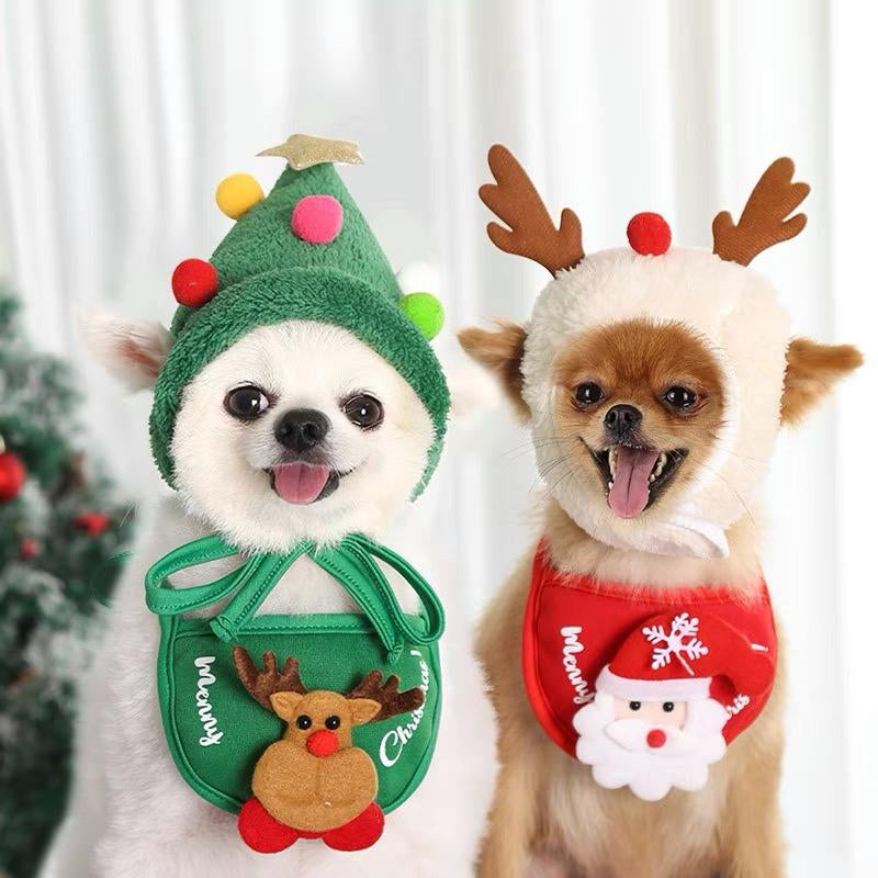 Pet Christmas Hat and Scarf Santa Scarf for Cat Dog Cosplay Dress up Holiday Costume Set New Year Festive Party Costume Accessories Puppy